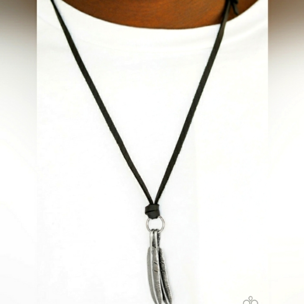 EAGERLY EAGLE" BLACK LEATHER SILVER FEATHER PENDANT URBAN NECKLACE UNISEX